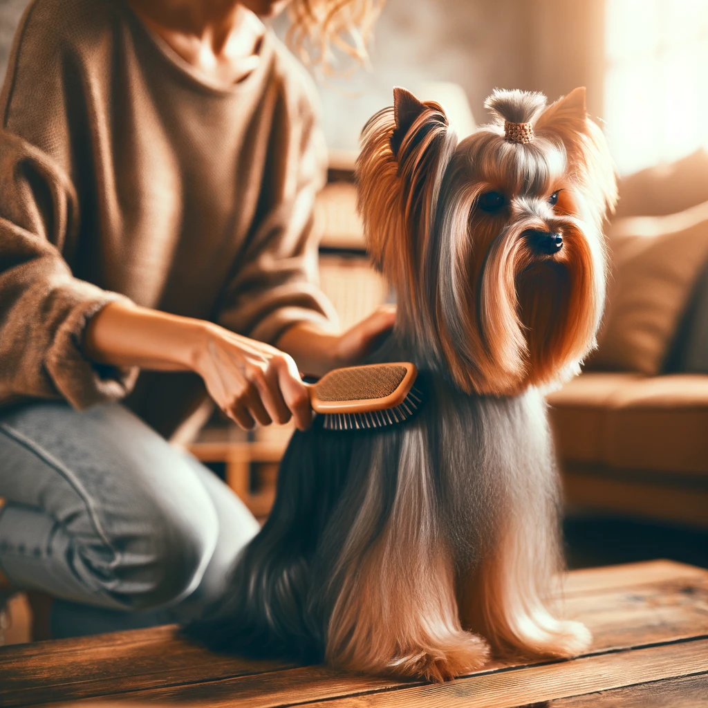 yorkshire terrier wird gebürstet