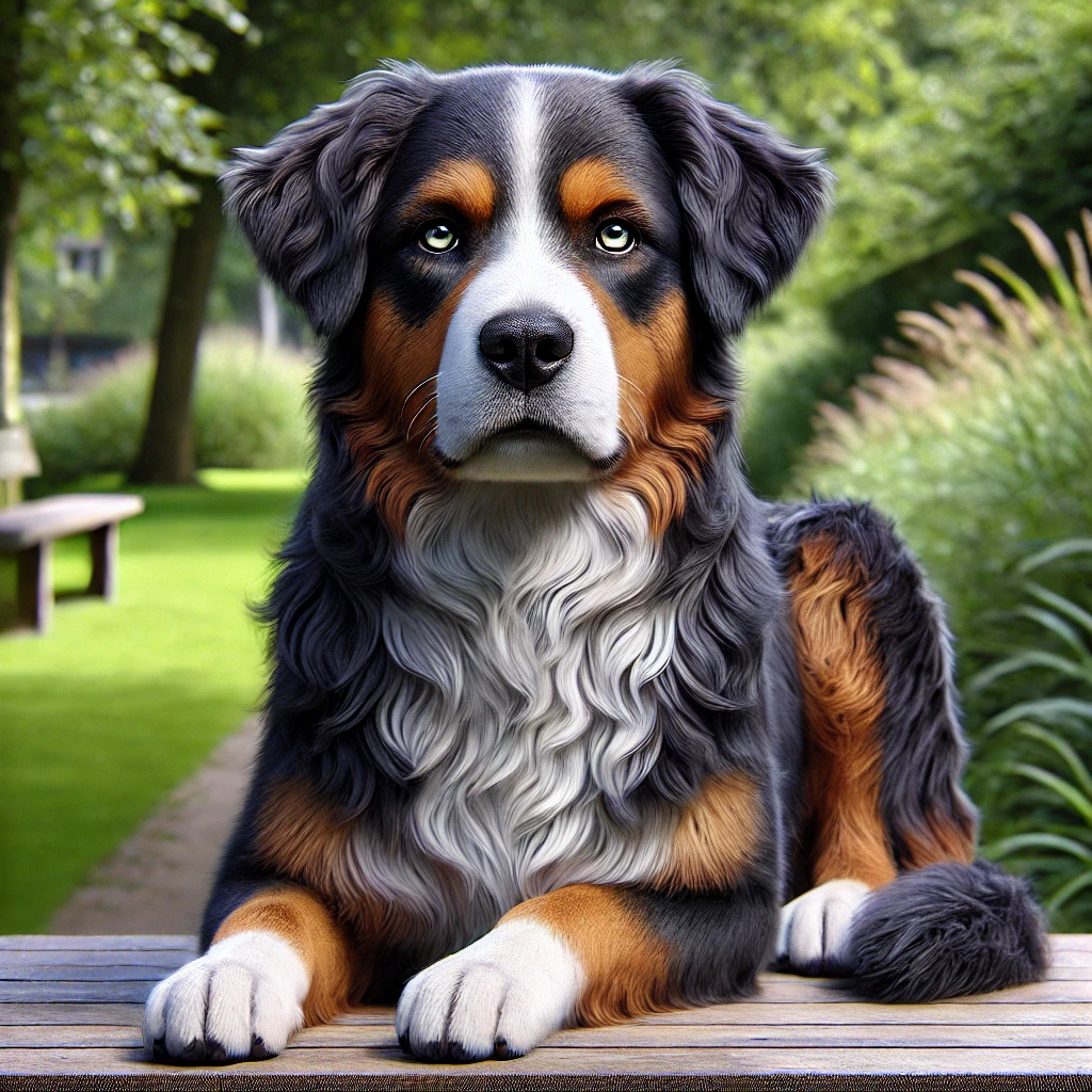 Australian Shepherd Labrador Mix mit muskulösem Körperbau und kurzem bis mittellangem Fell in Schwarz, Braun und Weiß. Der Hund sitzt in einer grünen Outdoor-Umgebung mit einem Auge blau und einem braun, umgeben von natürlicher Vegetation.