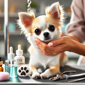 Nahaufnahme eines Chihuahuas bei der Fellpflege: Der Hund sitzt auf einem Pflegetisch, während seine Augen vorsichtig mit einem Tuch gereinigt werden. Neben ihm stehen Ohrreinigungslösung und ein Krallenschneider.
