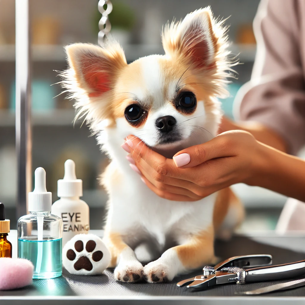 Nahaufnahme eines Chihuahuas bei der Fellpflege: Der Hund sitzt auf einem Pflegetisch, während seine Augen vorsichtig mit einem Tuch gereinigt werden. Neben ihm stehen Ohrreinigungslösung und ein Krallenschneider.