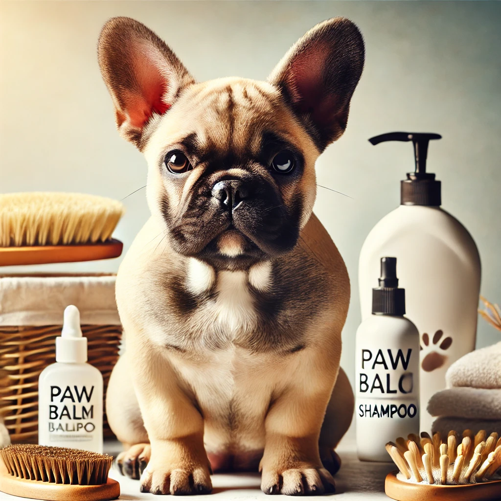 Nahaufnahme einer gepflegten Französischen Bulldogge mit weichem Fell und Hautpflegeprodukten wie einer Bürste, Pfotensalbe und hypoallergenem Shampoo im Hintergrund.