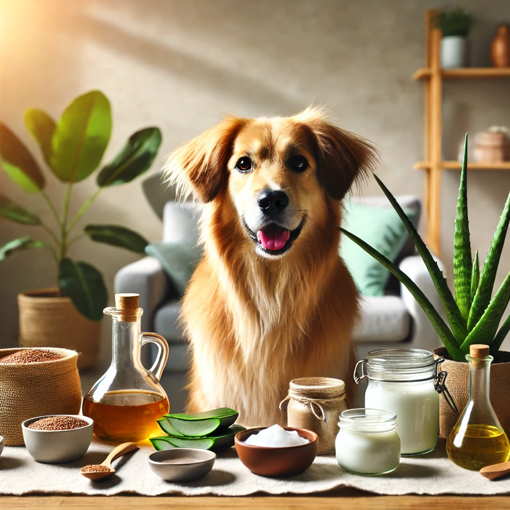 Glücklicher Hund mit glänzendem Fell neben natürlichen Hausmitteln gegen trockene Haut wie Kokosöl, Aloe Vera, Olivenöl, Joghurt, Leinsamen und Apfelessig in gemütlicher, sonnenbeschienener Atmosphäre