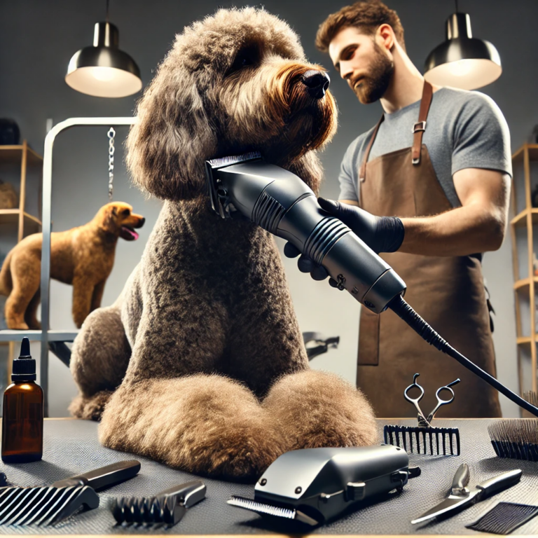 Professionelle Hundepflege-Szene mit der Moser Max50 Schermaschine, die auf einem dichten Hundefell verwendet wird. Verschiedene Pflegetools sind auf einem gut beleuchteten Tisch angeordnet, der robuste und langlebige Moser Max50 Trimmer steht im Mittelpunkt.