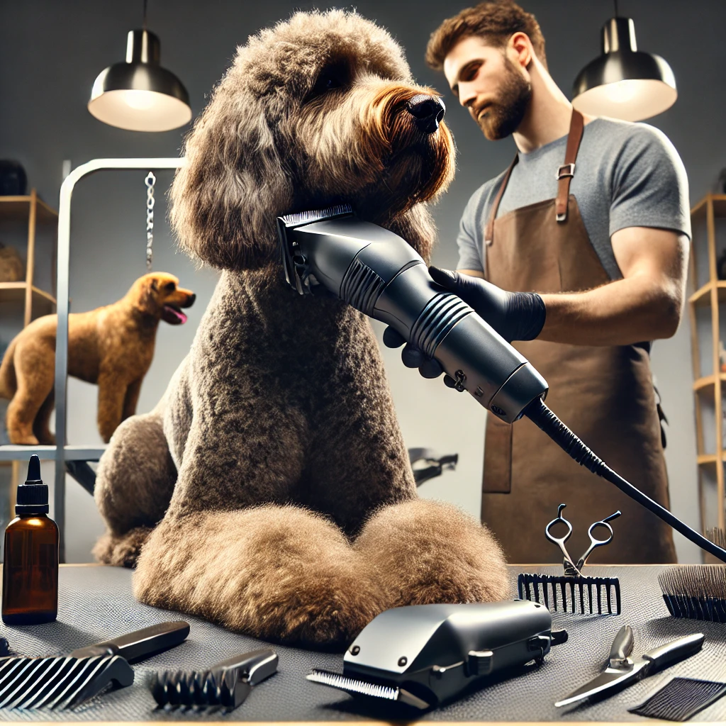 Professionelle Hundepflege-Szene mit der Moser Max50 Schermaschine, die auf einem dichten Hundefell verwendet wird. Verschiedene Pflegetools sind auf einem gut beleuchteten Tisch angeordnet, der robuste und langlebige Moser Max50 Trimmer steht im Mittelpunkt.