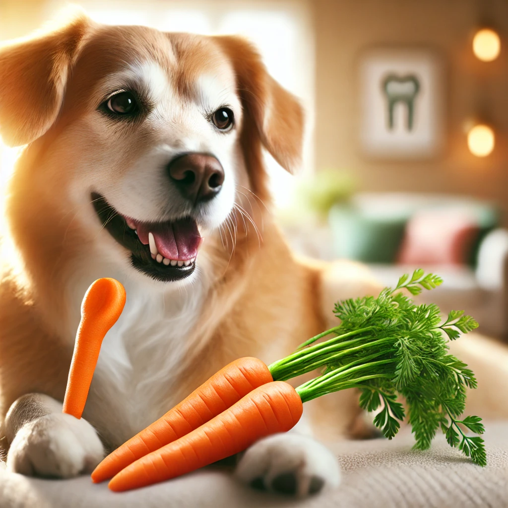 Der Hund kaut eine Karotte, die hilft, Zahnstein zu entfernen und die Zähne zu reinigen
