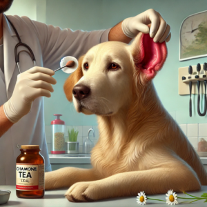 Hund mit Ohrenentzündung (Otitis) wird von einem Tierarzt behandelt. Der Hund hat gerötete, geschwollene Ohren und neigt seinen Kopf in Unbehagen. Der Tierarzt verwendet ein Wattepad mit Kamillentee, um den äußeren Gehörgang sanft zu reinigen. Im Hintergrund sind Apfelessig und Aloe Vera sichtbar, die als Hausmittel zur Behandlung von Ohrenentzündungen dienen. Beruhigende, natürliche Beleuchtung betont die fürsorgliche Atmosphäre in einer Tierarztpraxis.