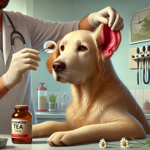 Hund mit Ohrenentzündung (Otitis) wird von einem Tierarzt behandelt. Der Hund hat gerötete, geschwollene Ohren und neigt seinen Kopf in Unbehagen. Der Tierarzt verwendet ein Wattepad mit Kamillentee, um den äußeren Gehörgang sanft zu reinigen. Im Hintergrund sind Apfelessig und Aloe Vera sichtbar, die als Hausmittel zur Behandlung von Ohrenentzündungen dienen. Beruhigende, natürliche Beleuchtung betont die fürsorgliche Atmosphäre in einer Tierarztpraxis.